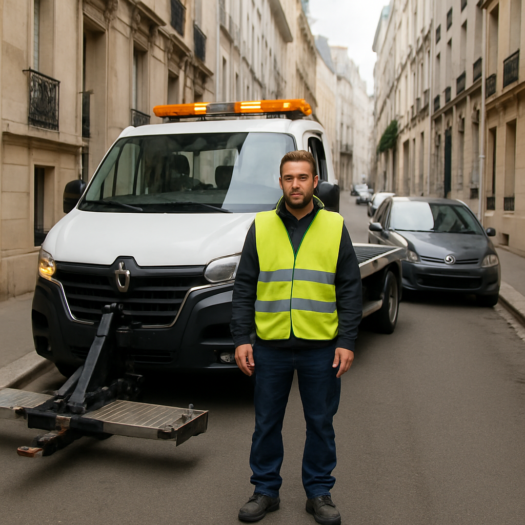 Dépanneur en gilet jaune près de dépanneuse dans une rue étroite de Paris