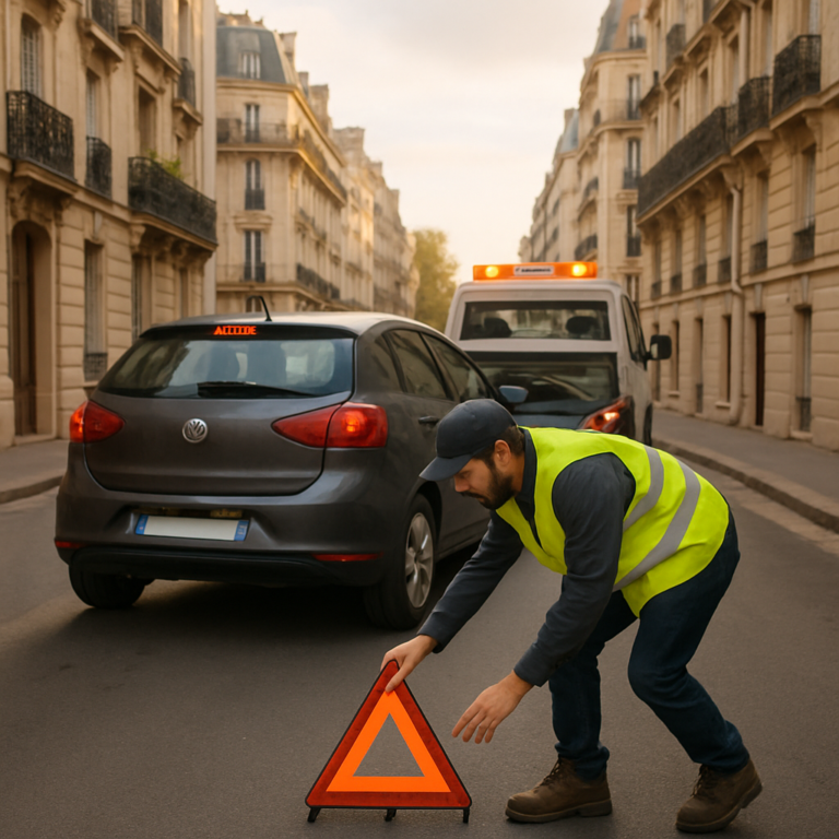 Dépanneur en gilet jaune devant une voiture immobilisée dans une rue étroite à Paris