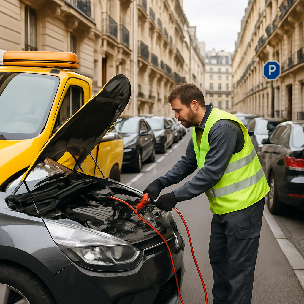 Dépanneur redémarrant une batterie de voiture dans une rue parisienne étroite