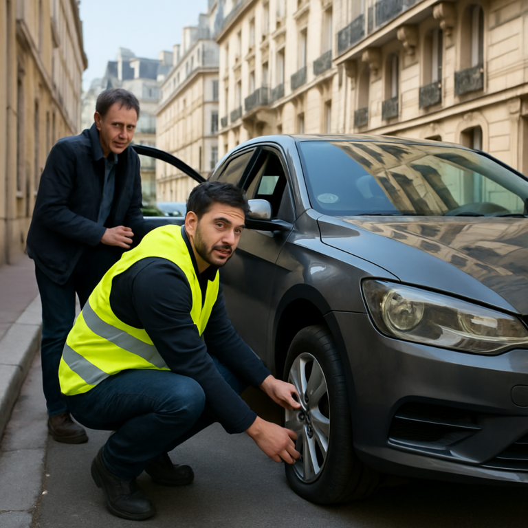 Dépanneur aide un automobiliste avec pneu crevé dans une rue parisienne