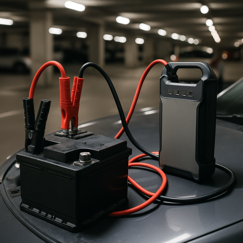 Batterie de voiture avec booster et câbles de démarrage dans un parking souterrain