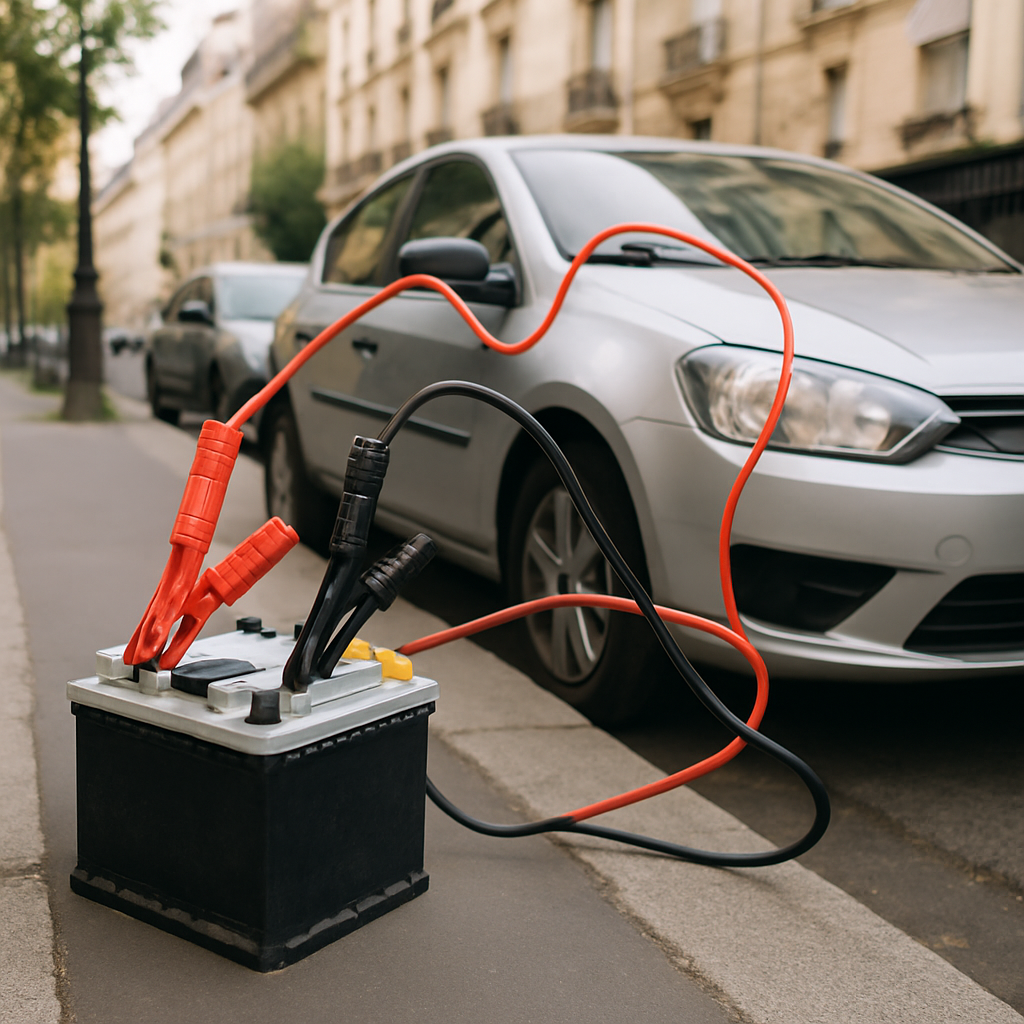 Batterie de voiture avec câbles de démarrage connectés sur trottoir à Paris