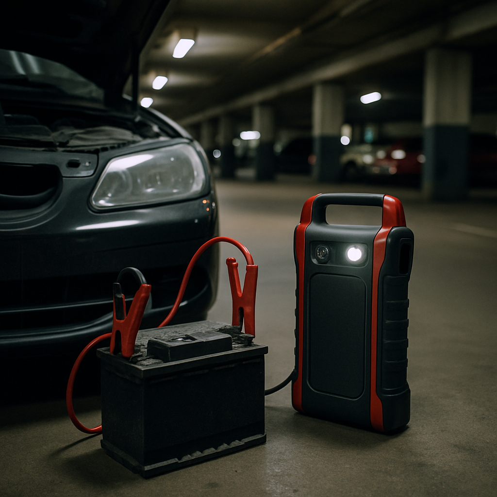 Batterie de voiture avec booster de démarrage dans parking souterrain parisien