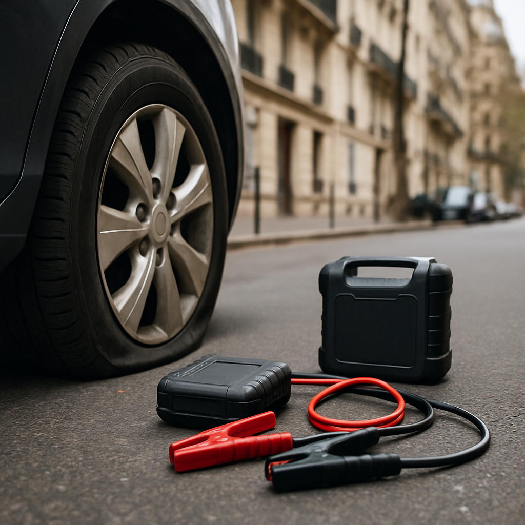 Pneu crevé et matériel de dépannage automobile urbain