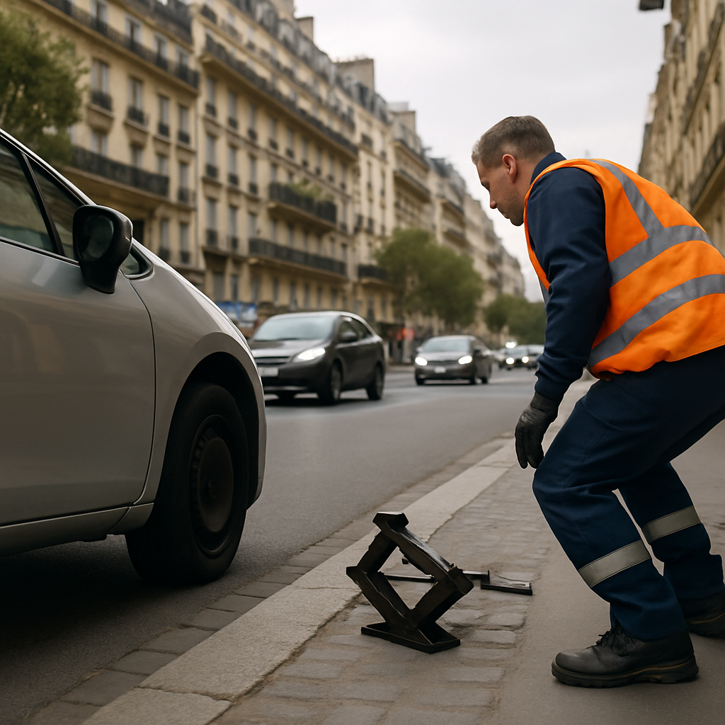 Pneu crevé pris en charge par dépanneur dans une rue de Paris