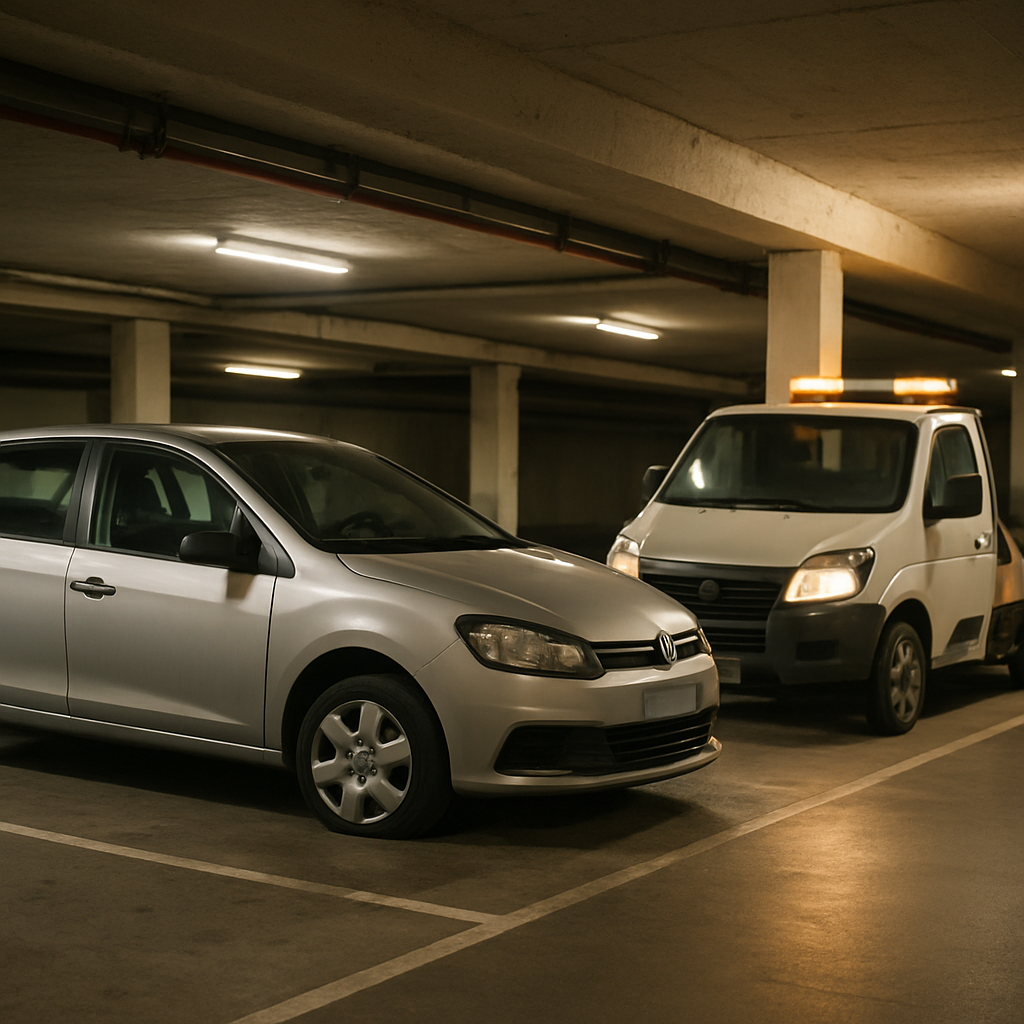 Voiture avec pneu crevé dans parking souterrain à Paris, dépanneuse en attente