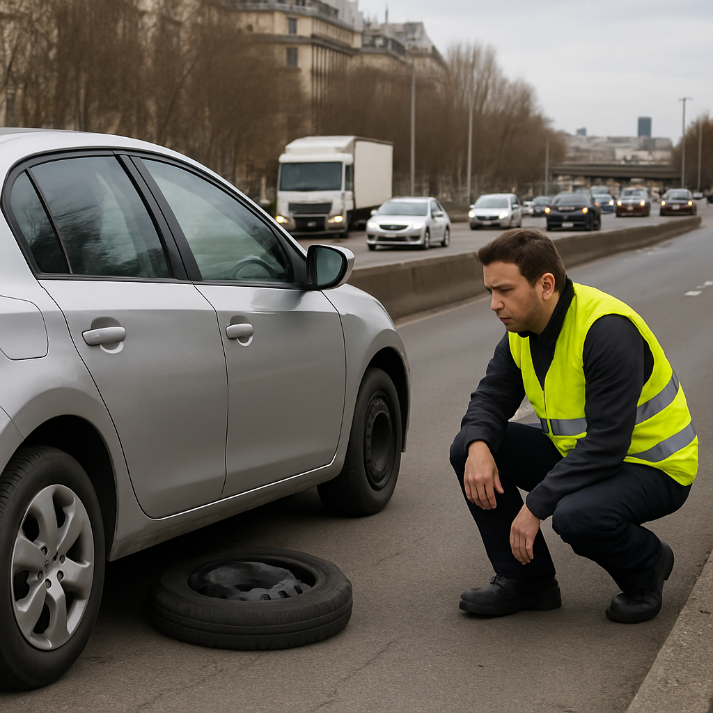 Véhicule immobilisé pour crevaison sur le périphérique à Paris avec dépanneur