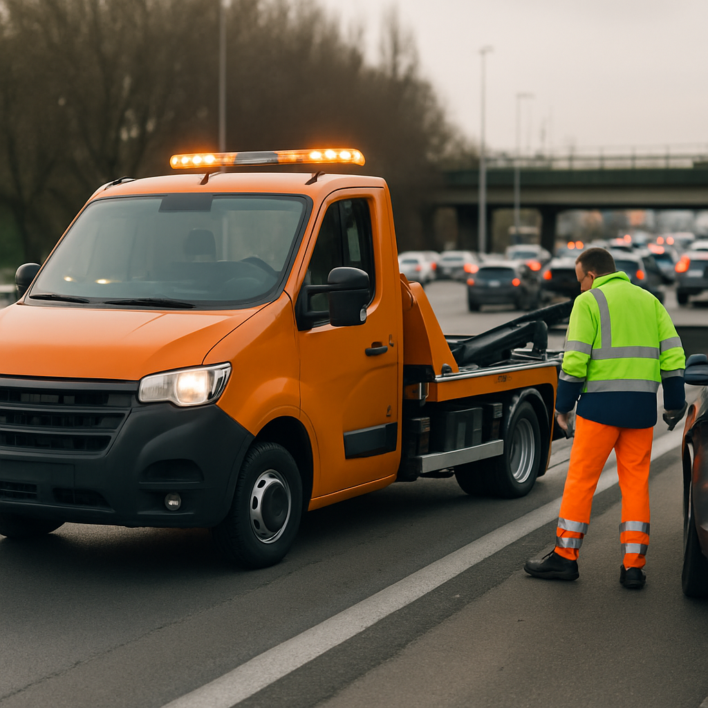 Dépanneuse préparant remorquage sur le périphérique parisien