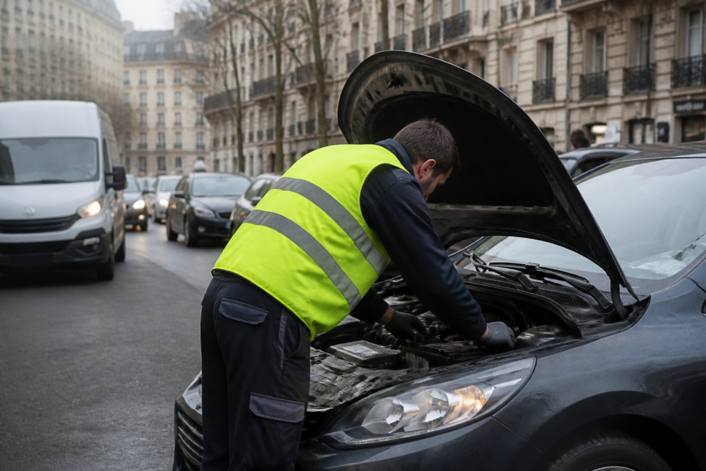 Dépanneur en gilet démontant la batterie d'une voiture dans une rue de Paris