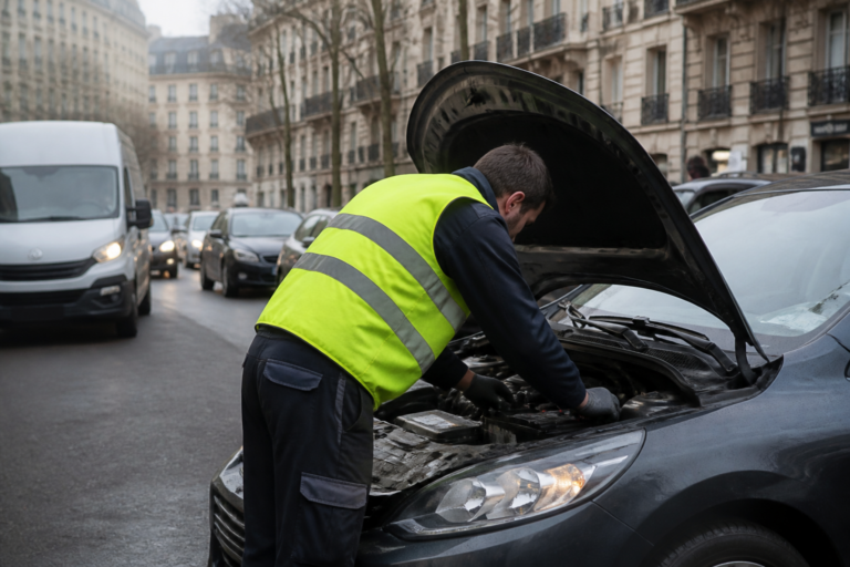 Dépanneur en gilet démontant la batterie d'une voiture dans une rue de Paris