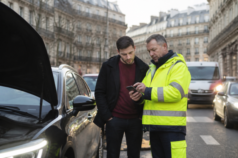 Dépanneur aidant un automobiliste dans une rue à Paris