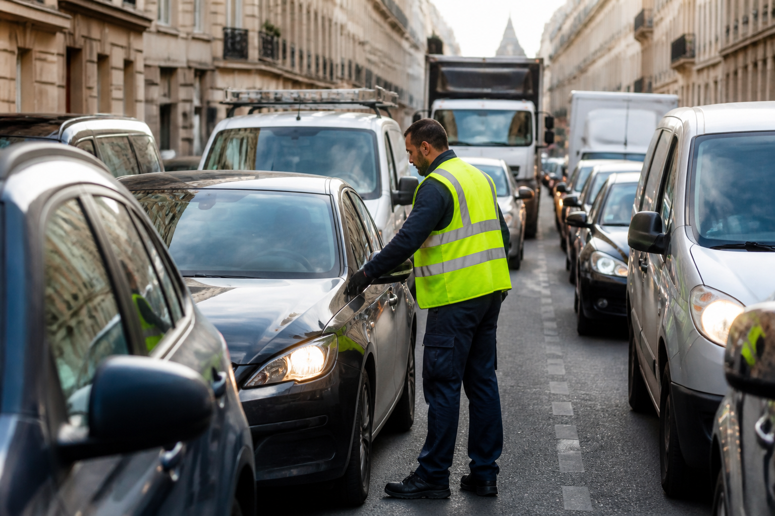 Dépanneur en gilet fluorescent assistante une voiture immobilisée dans une rue de Paris