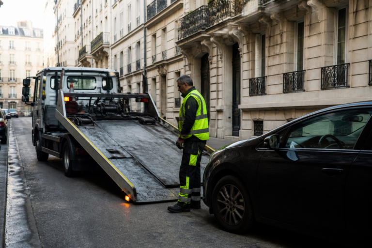 Dépanneur à Paris avec dépanneuse dans rue parisienne