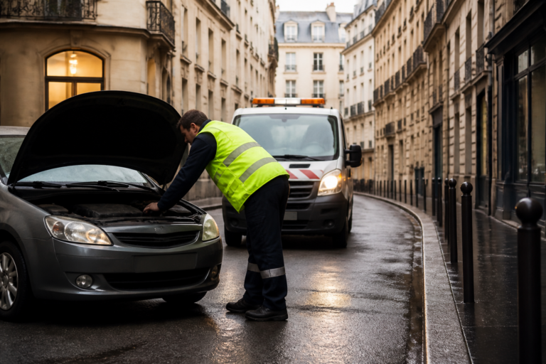 Dépannage automobile dans une rue étroite de Paris