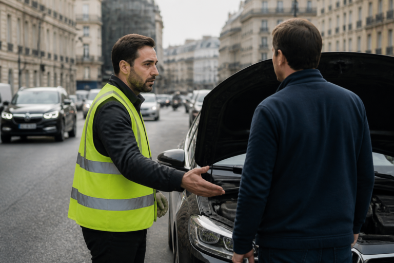 Dépanneur aidant un automobiliste à Paris avec une voiture immobilisée