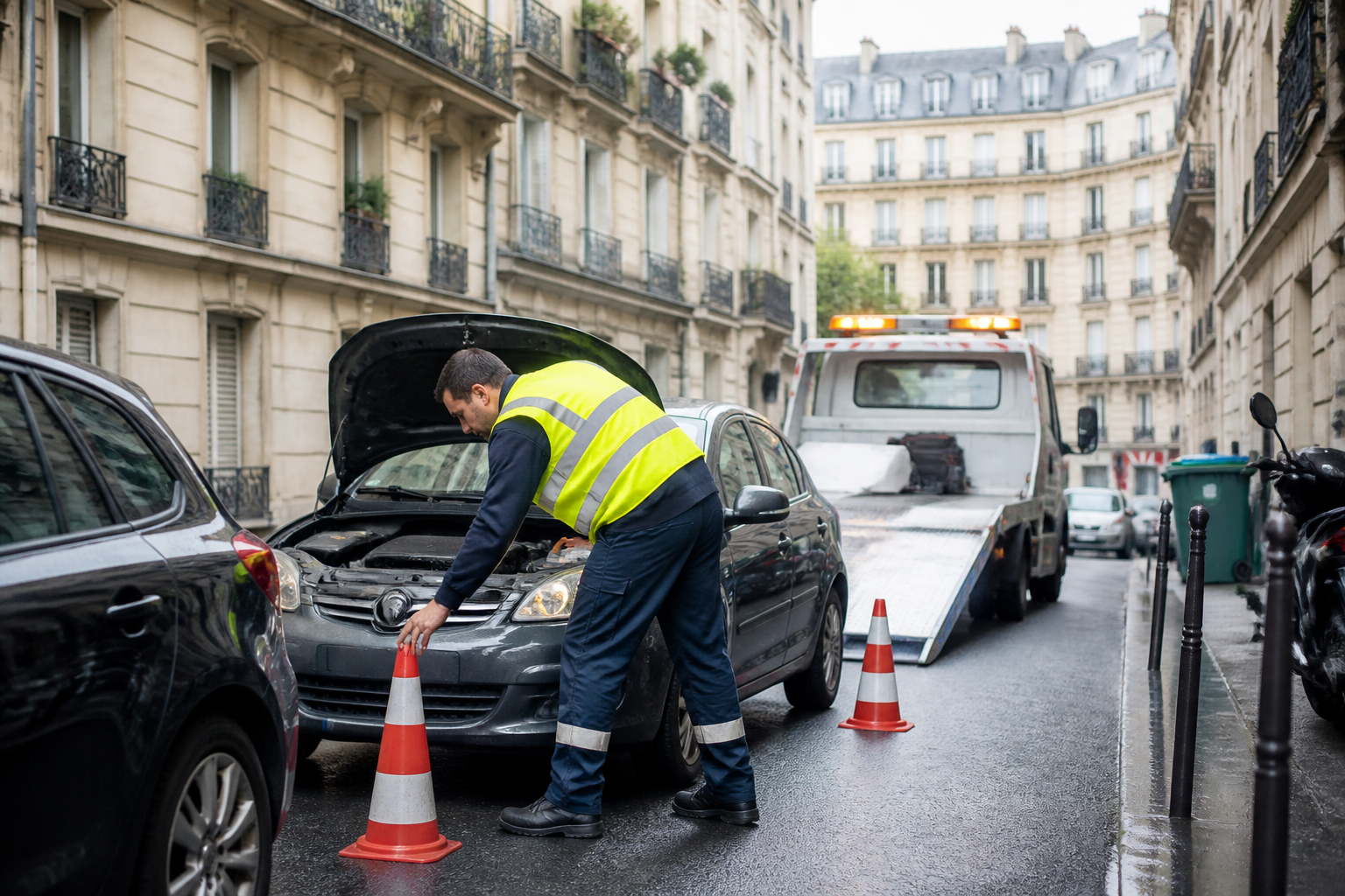 Dépanneur en gilet jaune assistant un véhicule immobilisé dans une rue parisienne