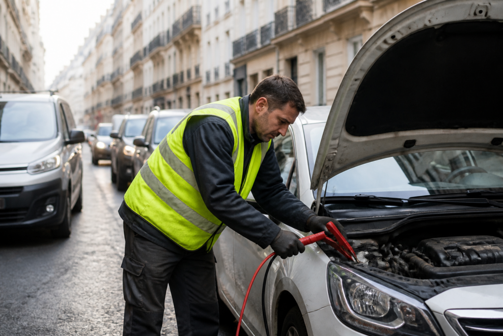 Dépanneur branchant une batterie de voiture dans une rue étroite de Paris
