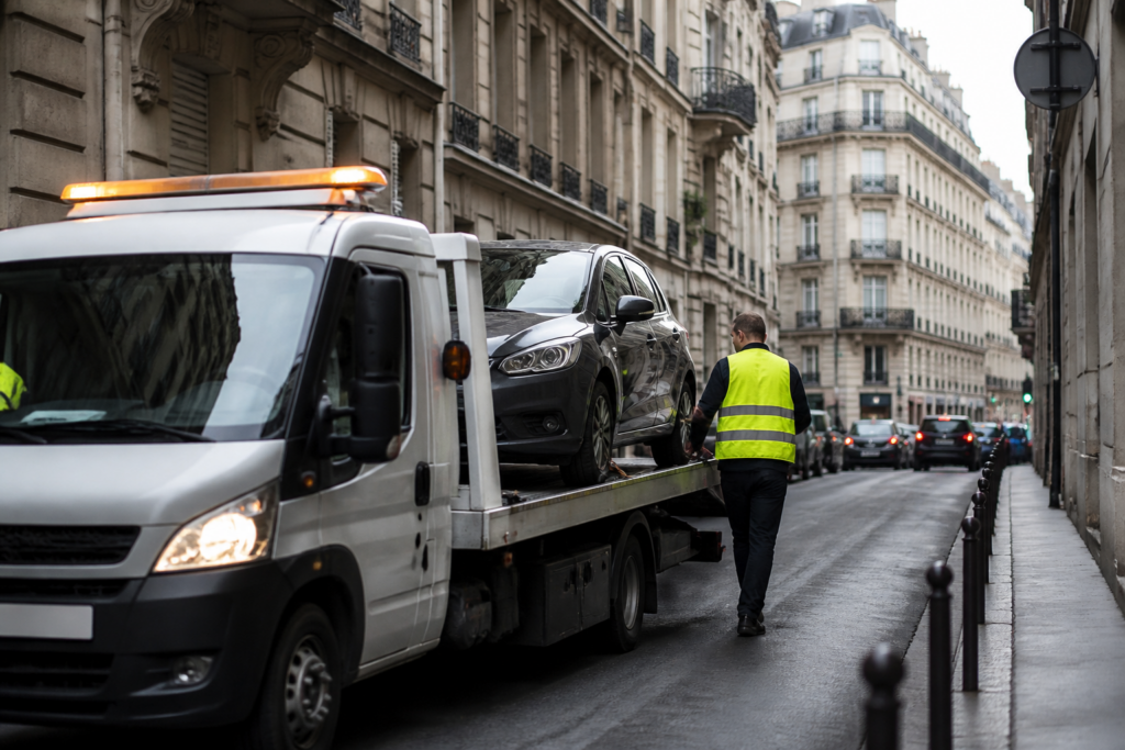 Dépanneuse et dépanneur en gilet remorquant une voiture dans une rue parisienne étroite
