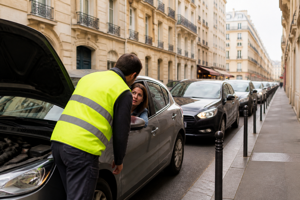 Dépanneur en gilet aidant une voiture immobilisée dans une rue de Paris