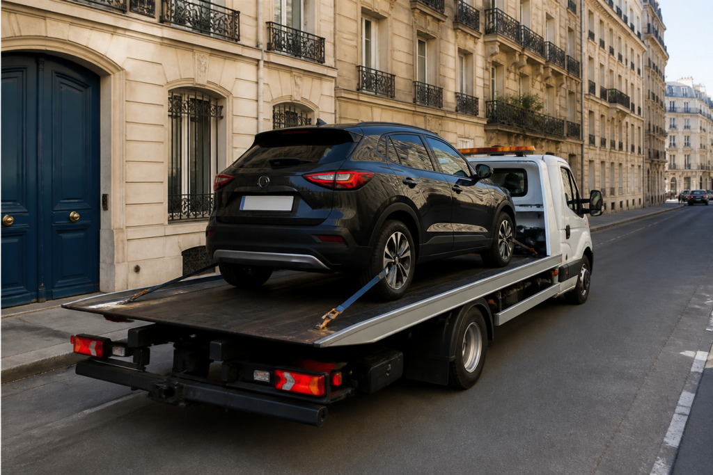 Dépanneuse en intervention sur une rue de Paris avec voiture remorquée sur plateau