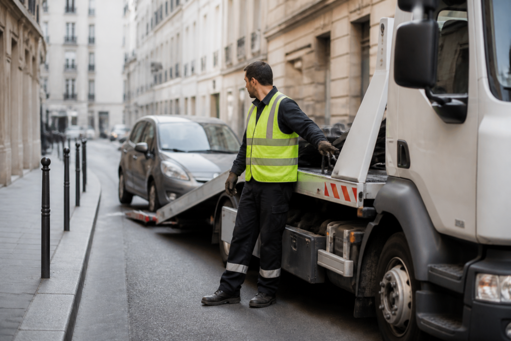 Dépanneuse en intervention dans rue étroite de Paris avec voiture immobilisée
