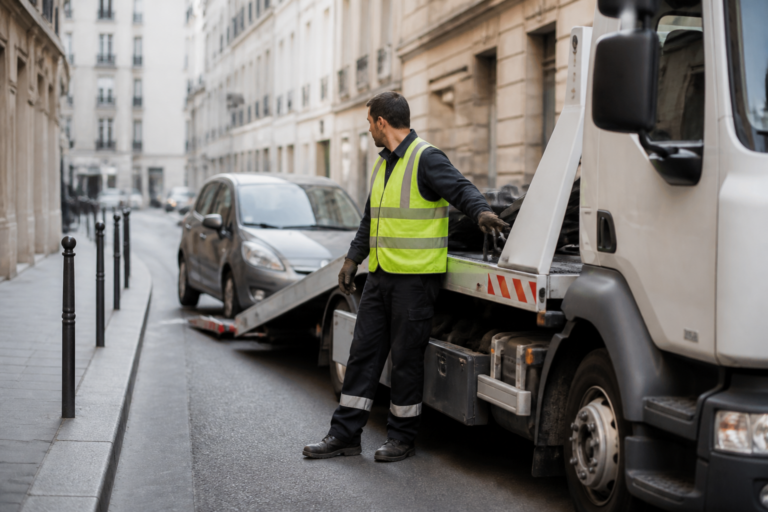 Dépanneuse en intervention dans rue étroite de Paris avec voiture immobilisée