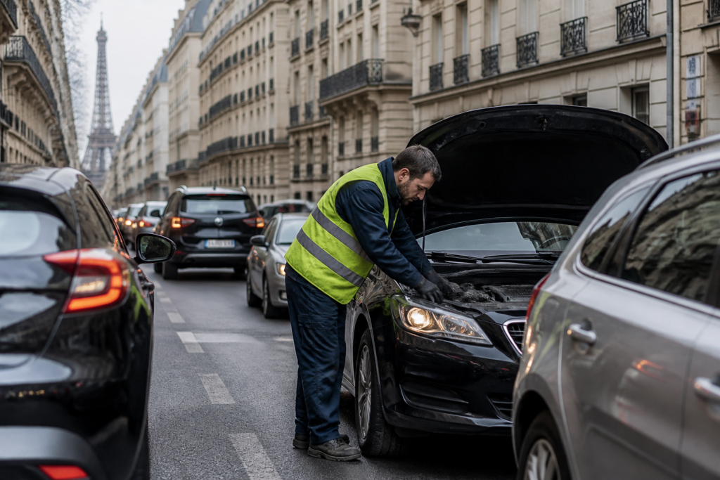 Dépanneur professionnel assistant une voiture immobilisée à Paris