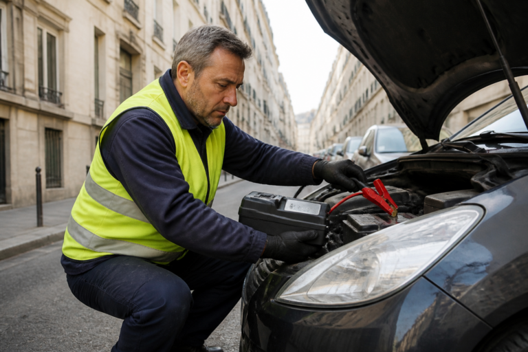 Dépanneur utilisant un booster batterie sur une voiture à Paris