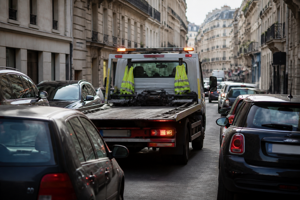 Dépanneuse dans une rue parisienne étroite avec circulation dense