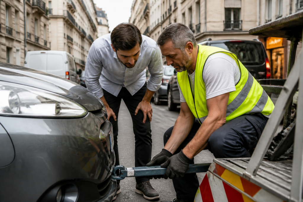 Dépanneur aidant à installer un triangle de remorquage sans chauffeur dans une rue parisienne