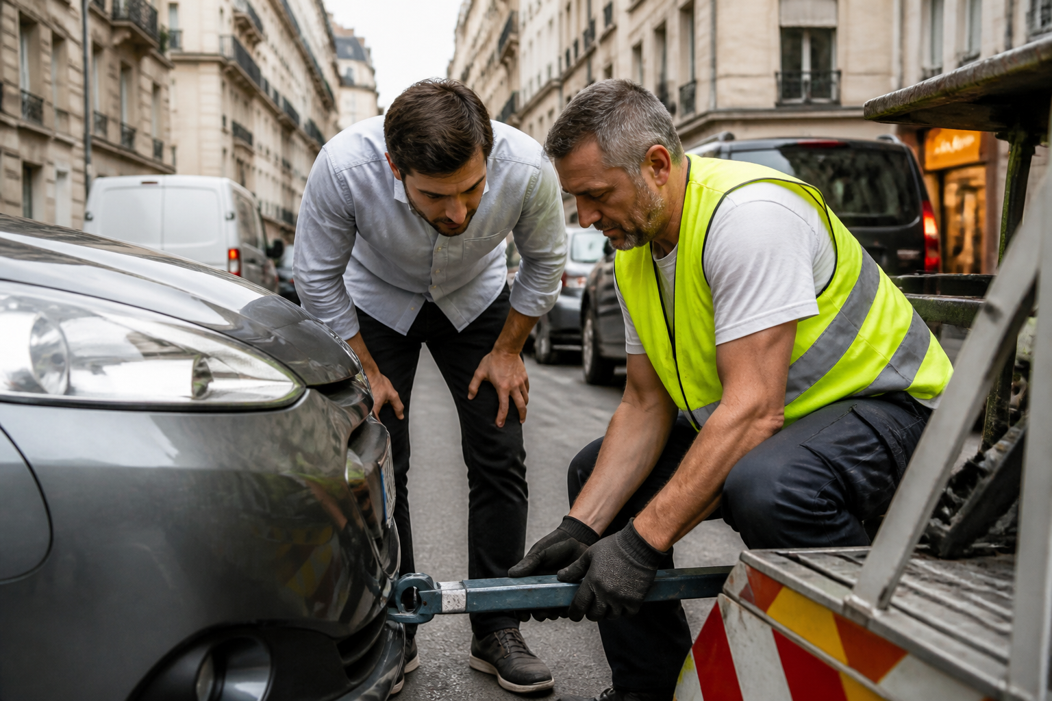 Dépanneur aidant à installer un triangle de remorquage sans chauffeur dans une rue parisienne