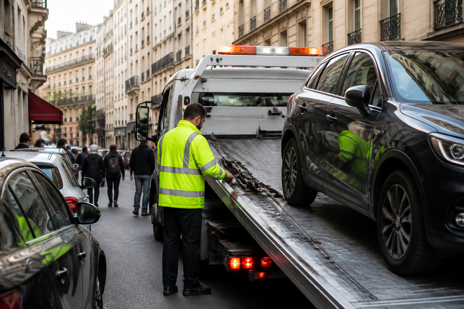 Dépanneuse en intervention dans une rue parisienne étroite avec dépanneur en gilet réfléchissant