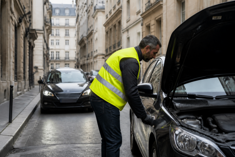 Dépanneur en gilet réfléchissant aidant une voiture en panne dans une rue parisienne étroite