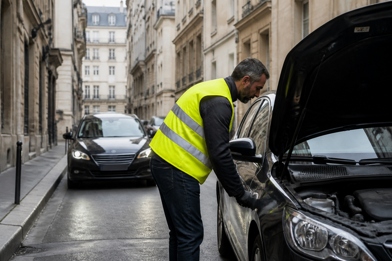 Dépanneur en gilet réfléchissant aidant une voiture en panne dans une rue parisienne étroite