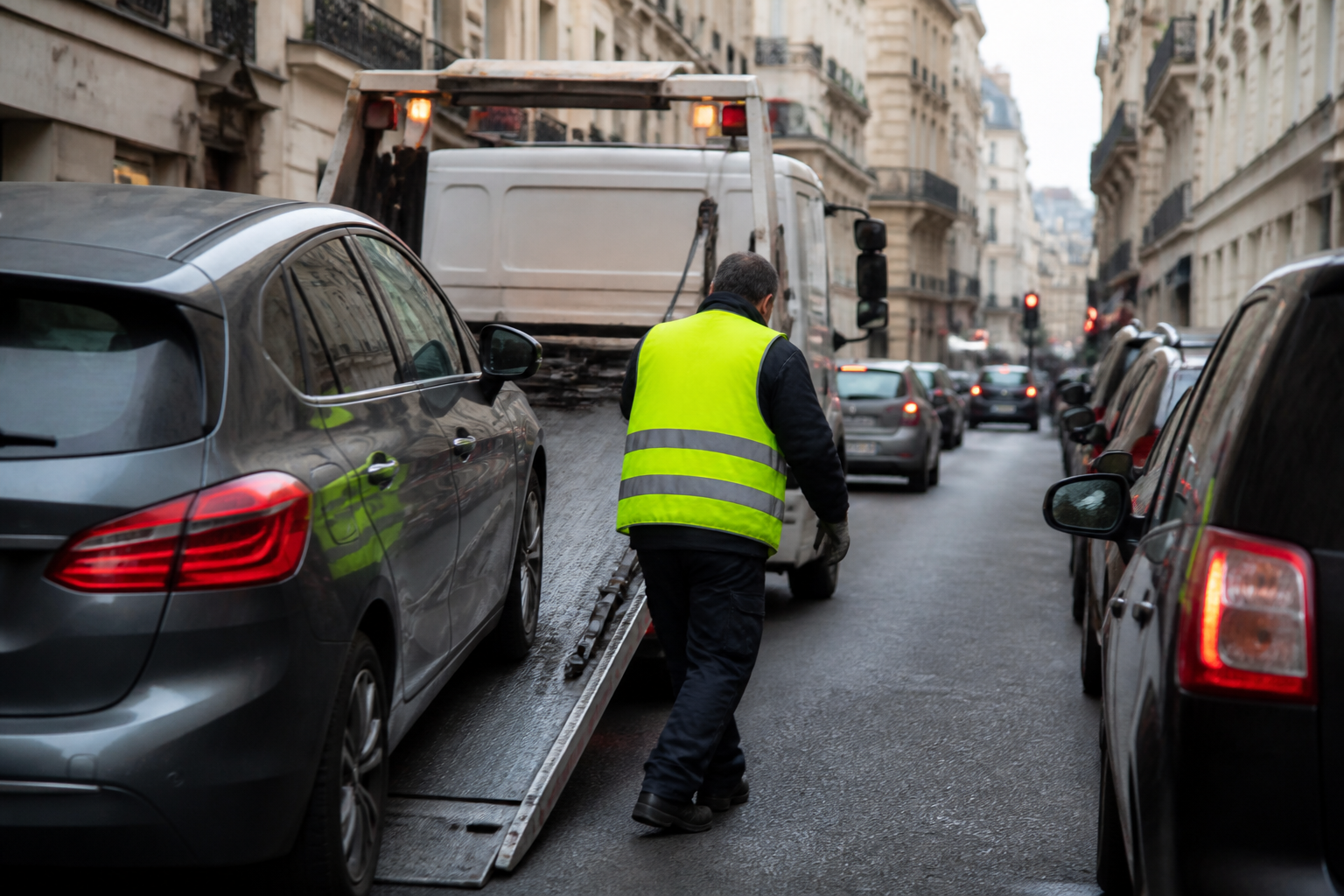 Dépanneur remorquant une voiture en panne dans une rue étroite de Paris