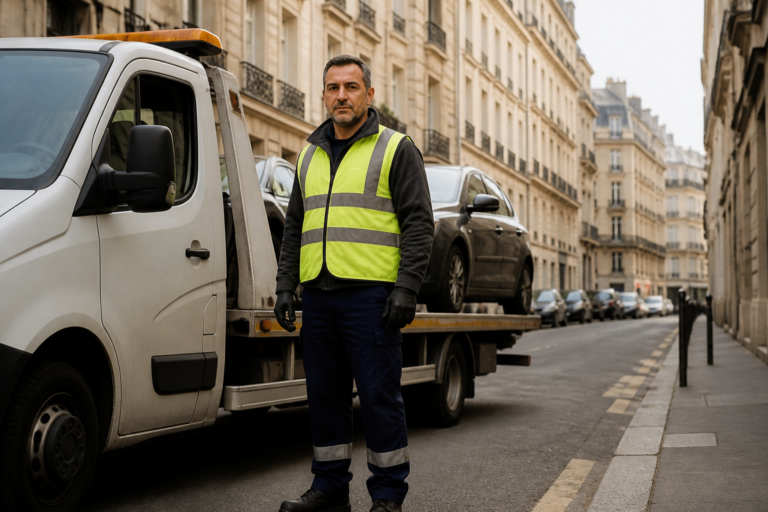 Dépanneur professionnel intervenant dans une rue étroite de Paris
