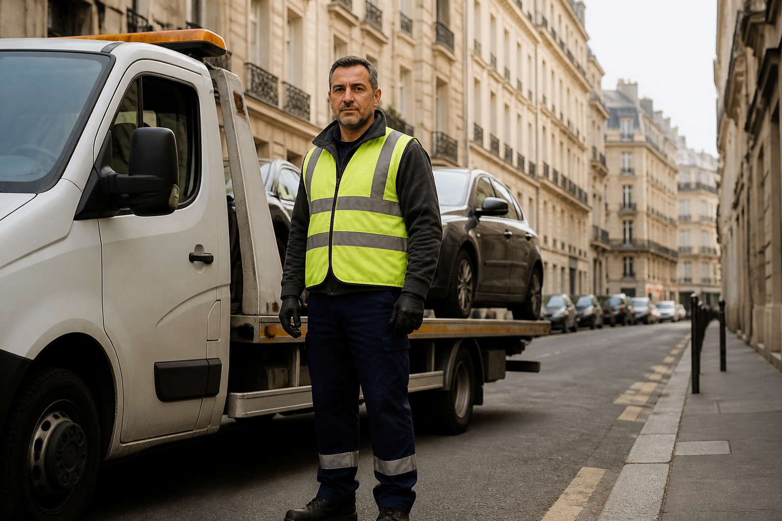 Dépanneur professionnel intervenant dans une rue étroite de Paris