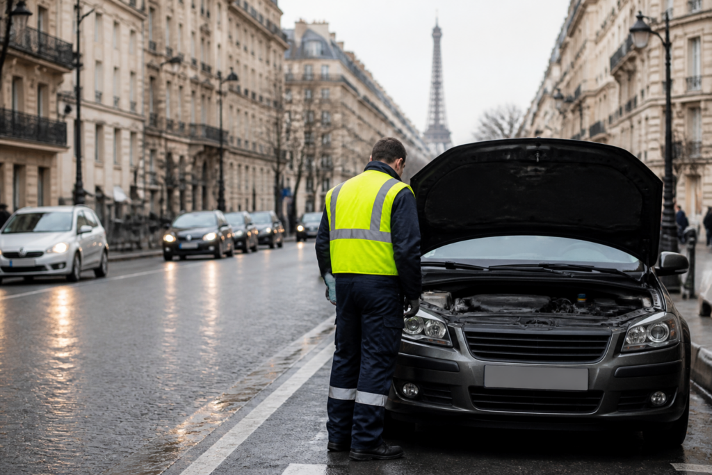 Dépannage automobile à Paris avec dépanneur en gilet fluorescent au côté d'une voiture immobilisée