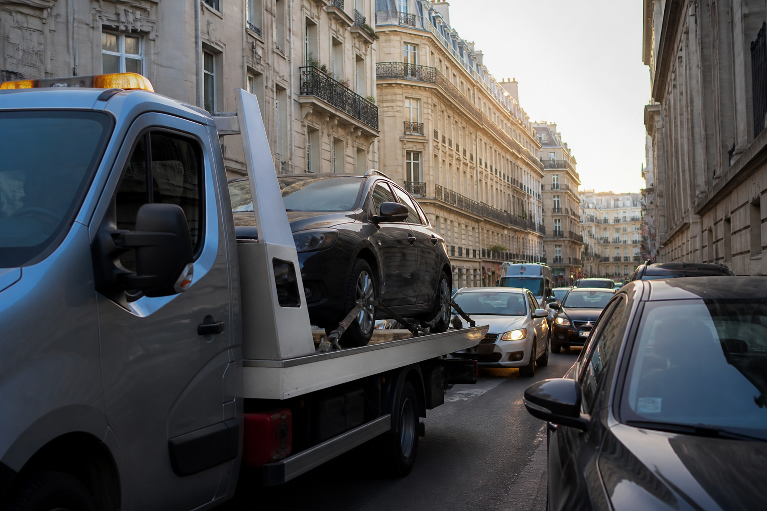 Dépanneuse en intervention dans une rue parisienne étroite