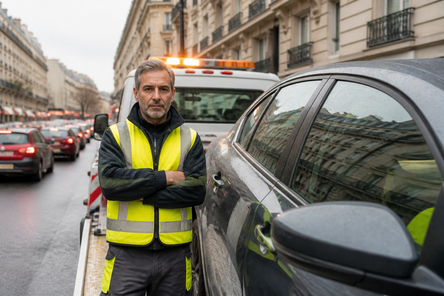 Dépanneur professionnel à Paris près d'une voiture en panne dans la rue