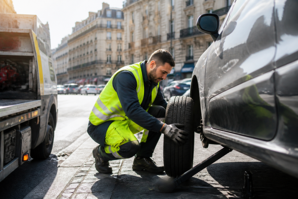 Dépanneur réparant un pneu crevé en ville à Paris
