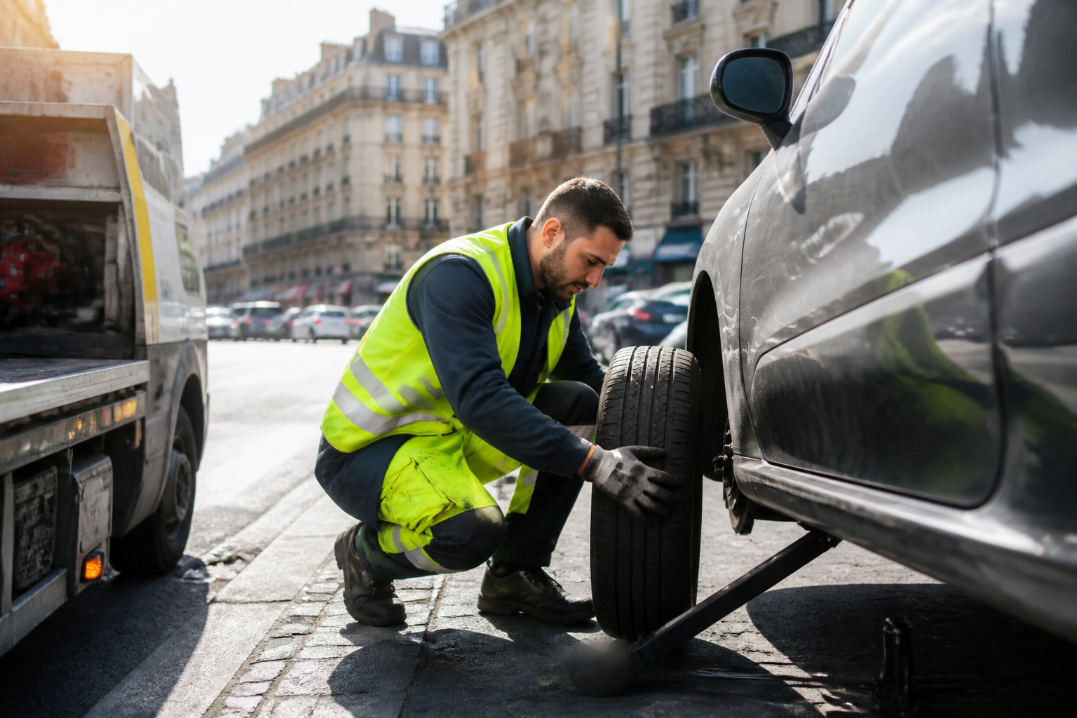Dépanneur réparant un pneu crevé en ville à Paris