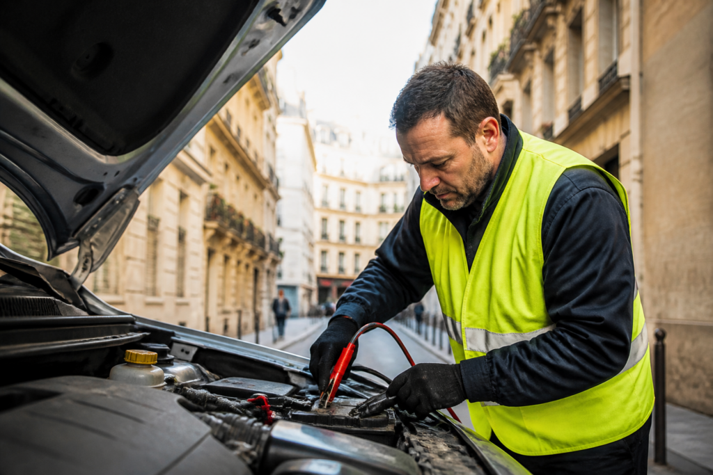 Dépanneur auto réparant une batterie de voiture dans une rue étroite de Paris