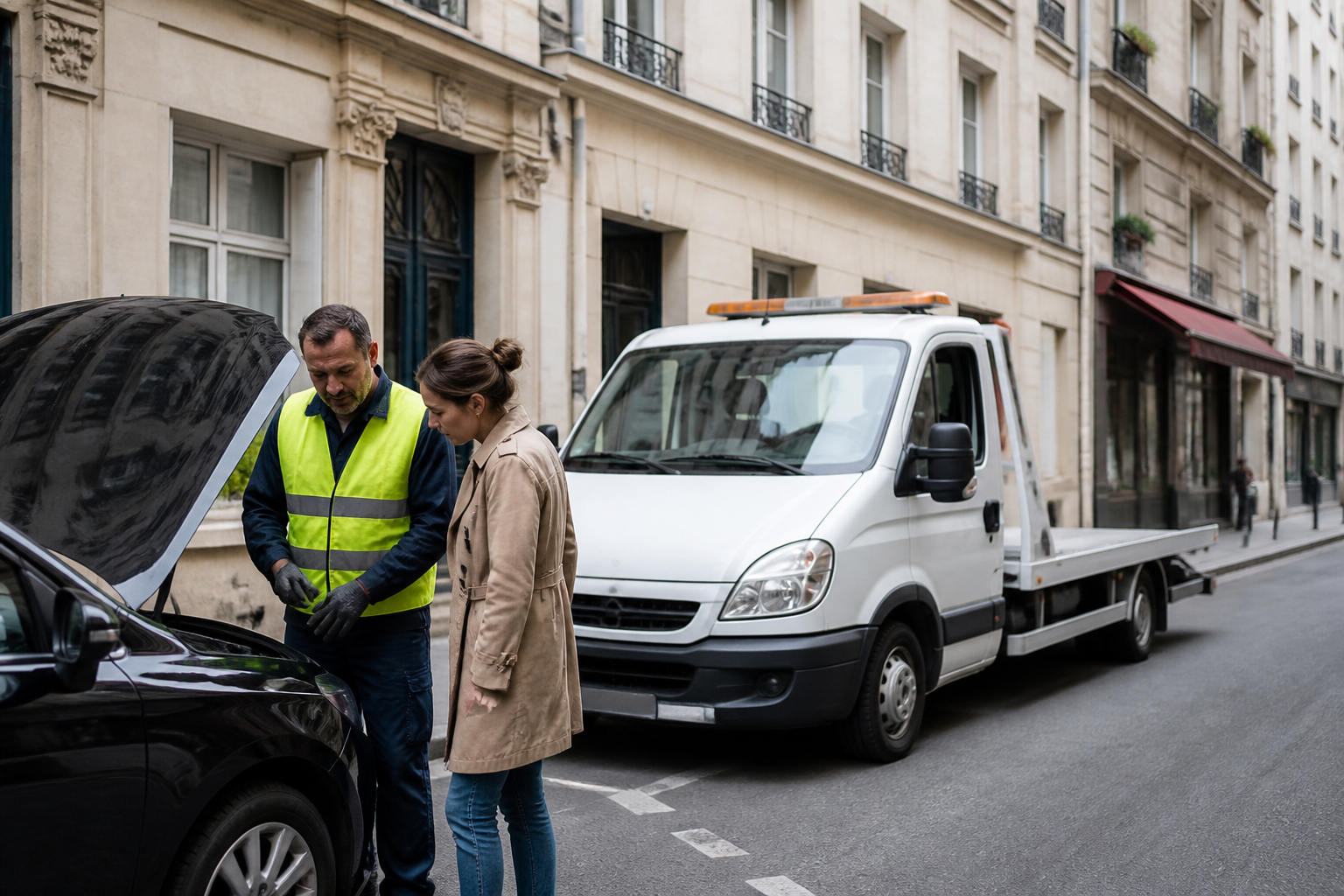 Dépanneur automobile à Paris aidant un conducteur dans une rue étroite