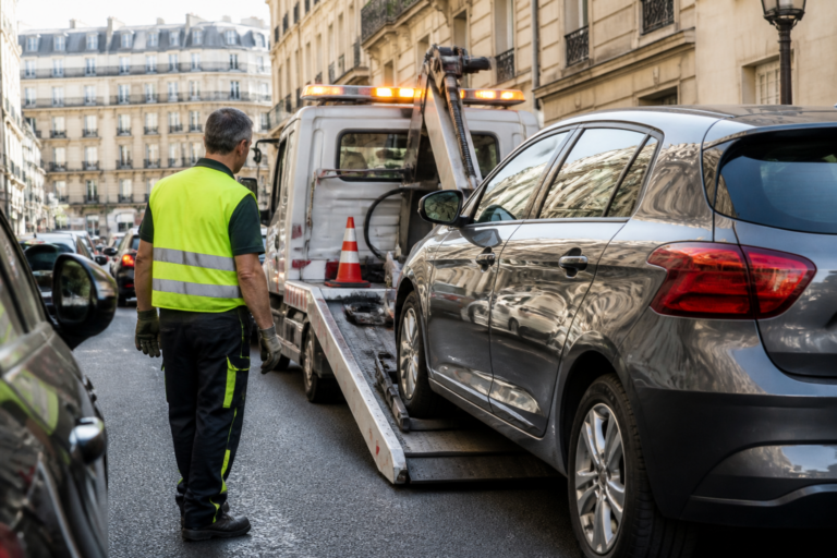 Dépanneur avec dépanneuse dans rue étroite de Paris