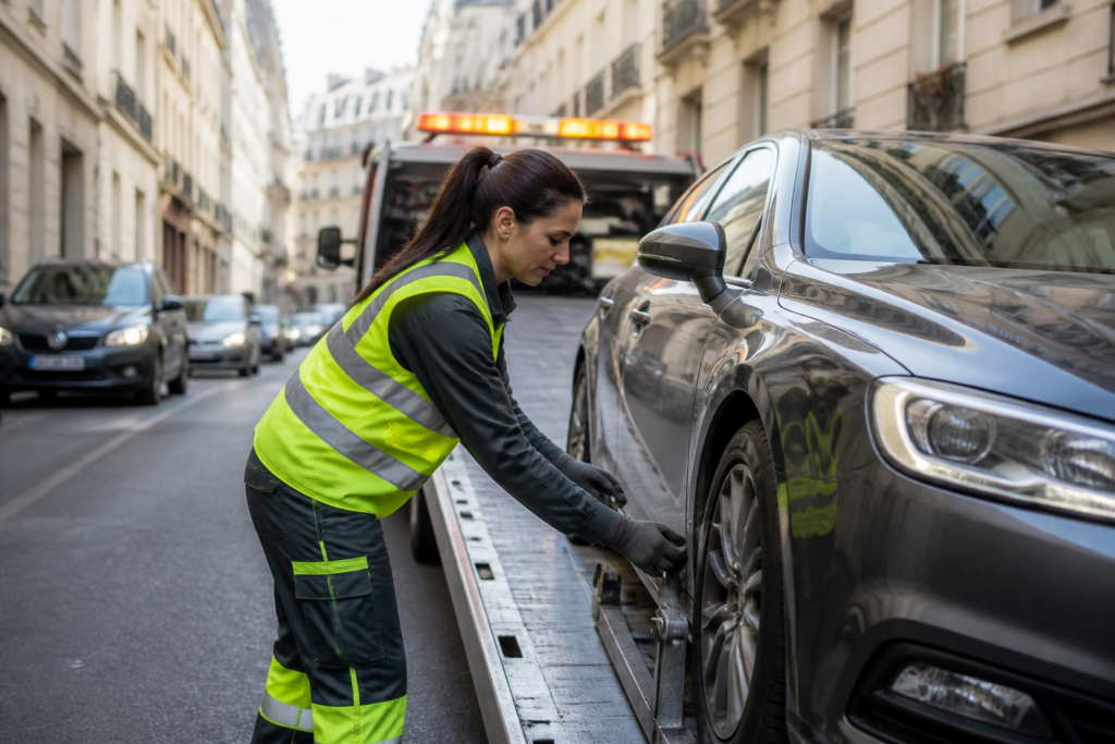 Dépanneuse en intervention dans une rue étroite de Paris avec voiture immobilisée
