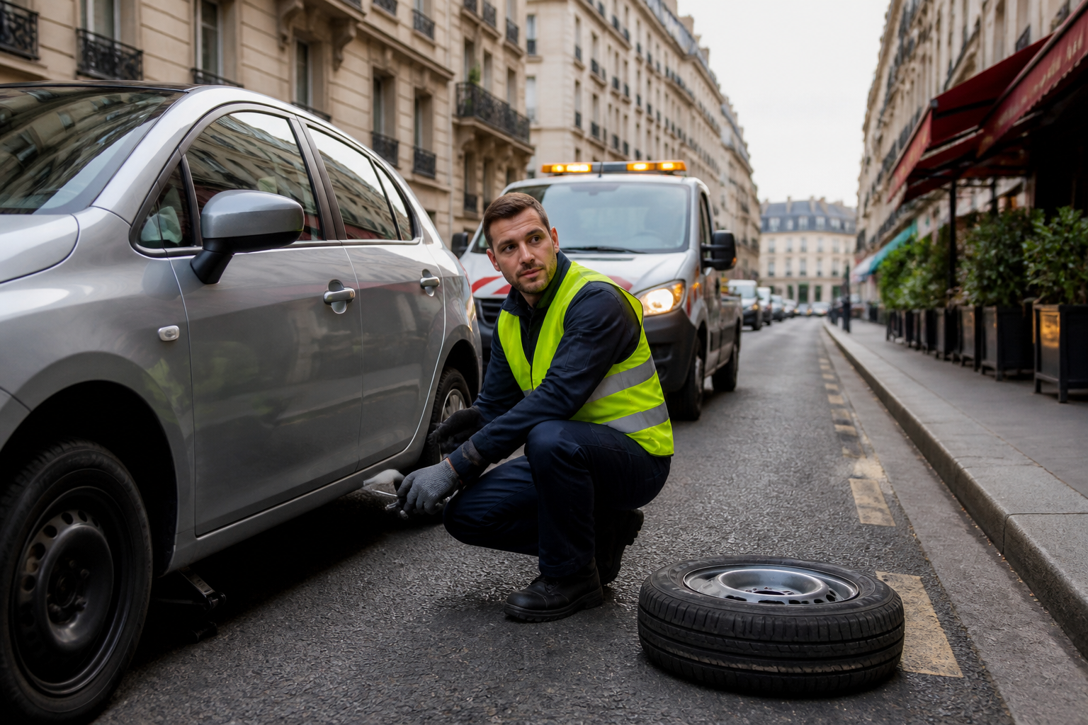 Dépanneur parisien assistante voiture pneu crevé dans une rue étroite à Paris
