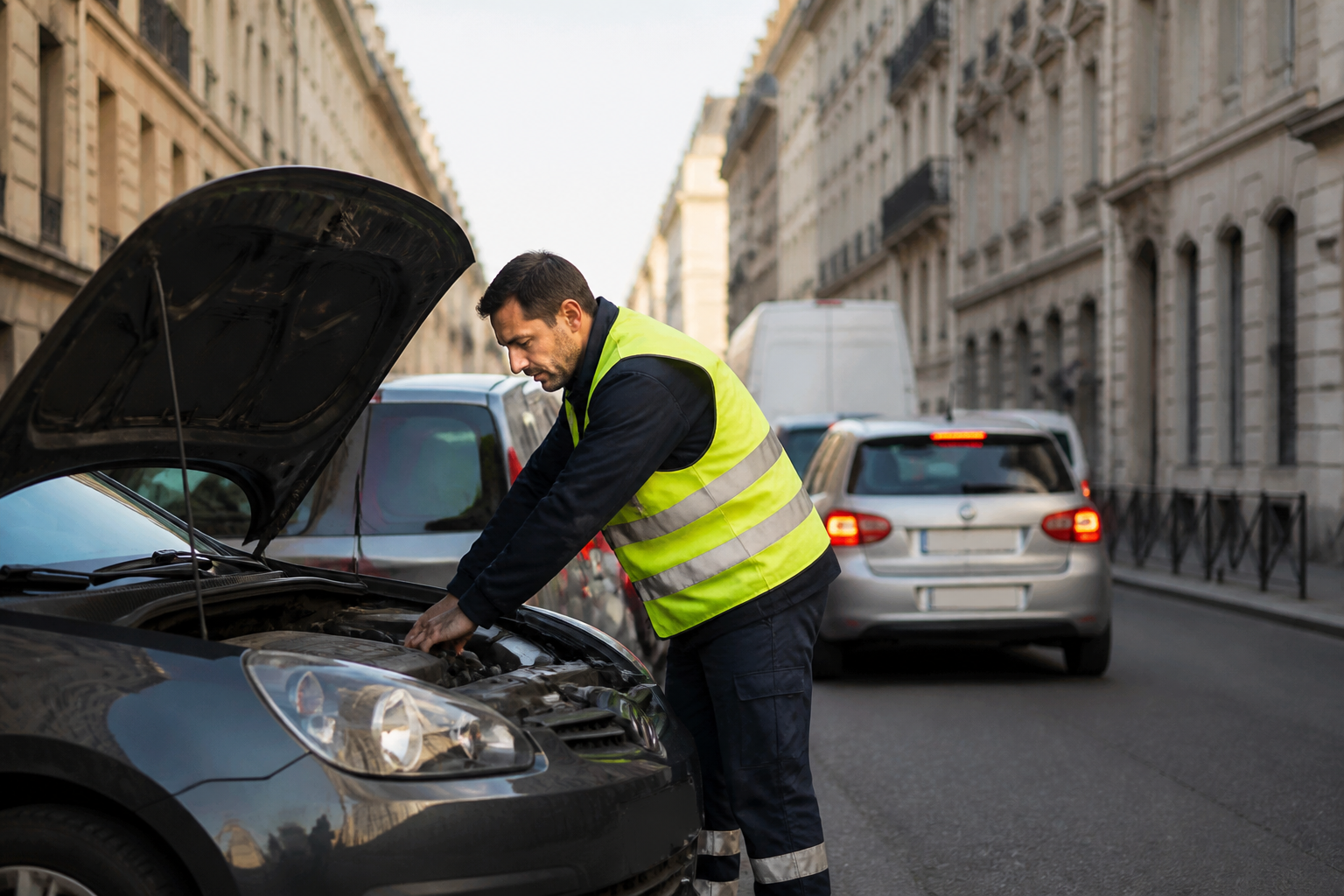 Dépanneur intervenant sur batterie déchargée voiture dans rue étroite parisienne