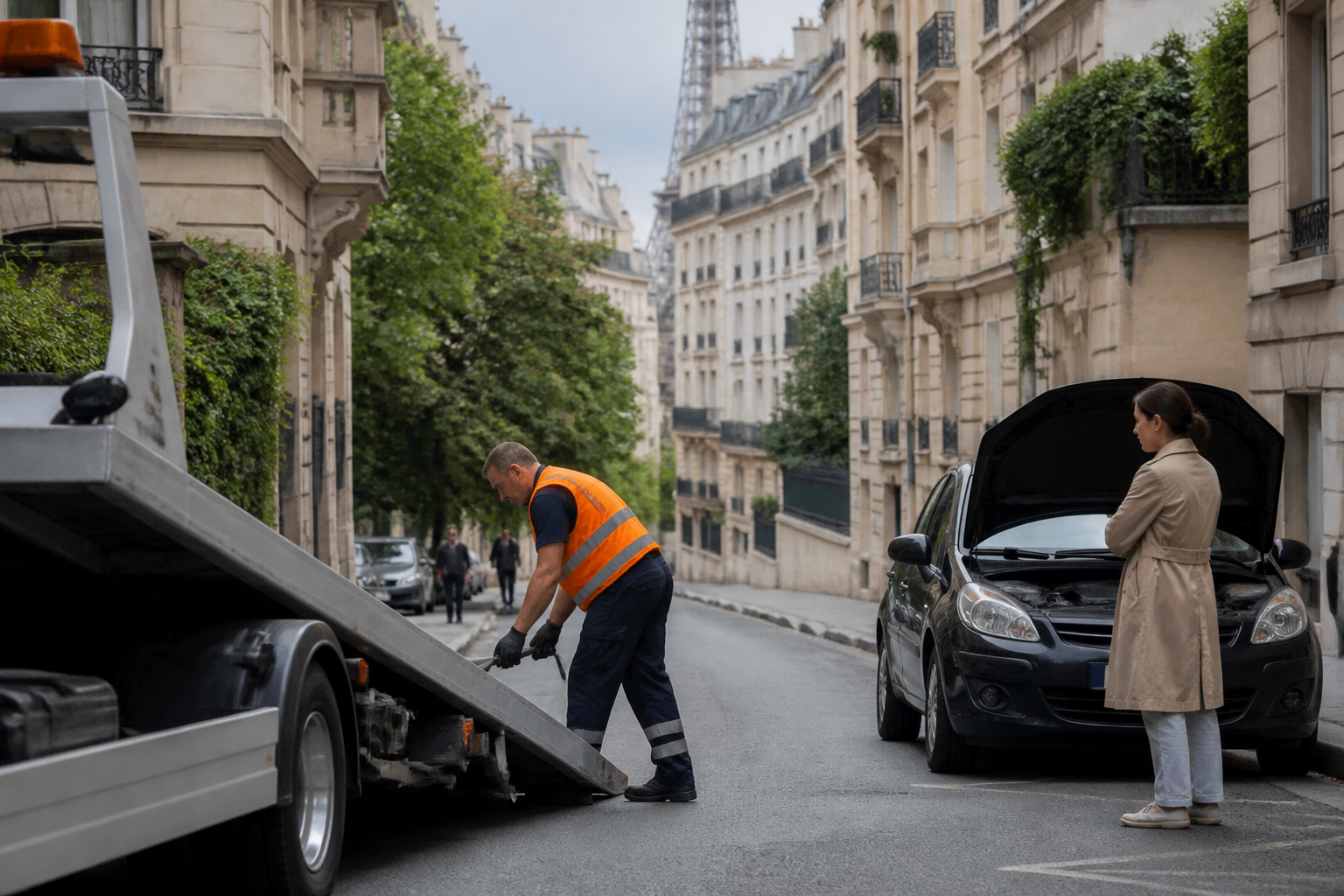 Dépanneur parisien en gilet aidant une voiture en panne dans une rue étroite à Paris