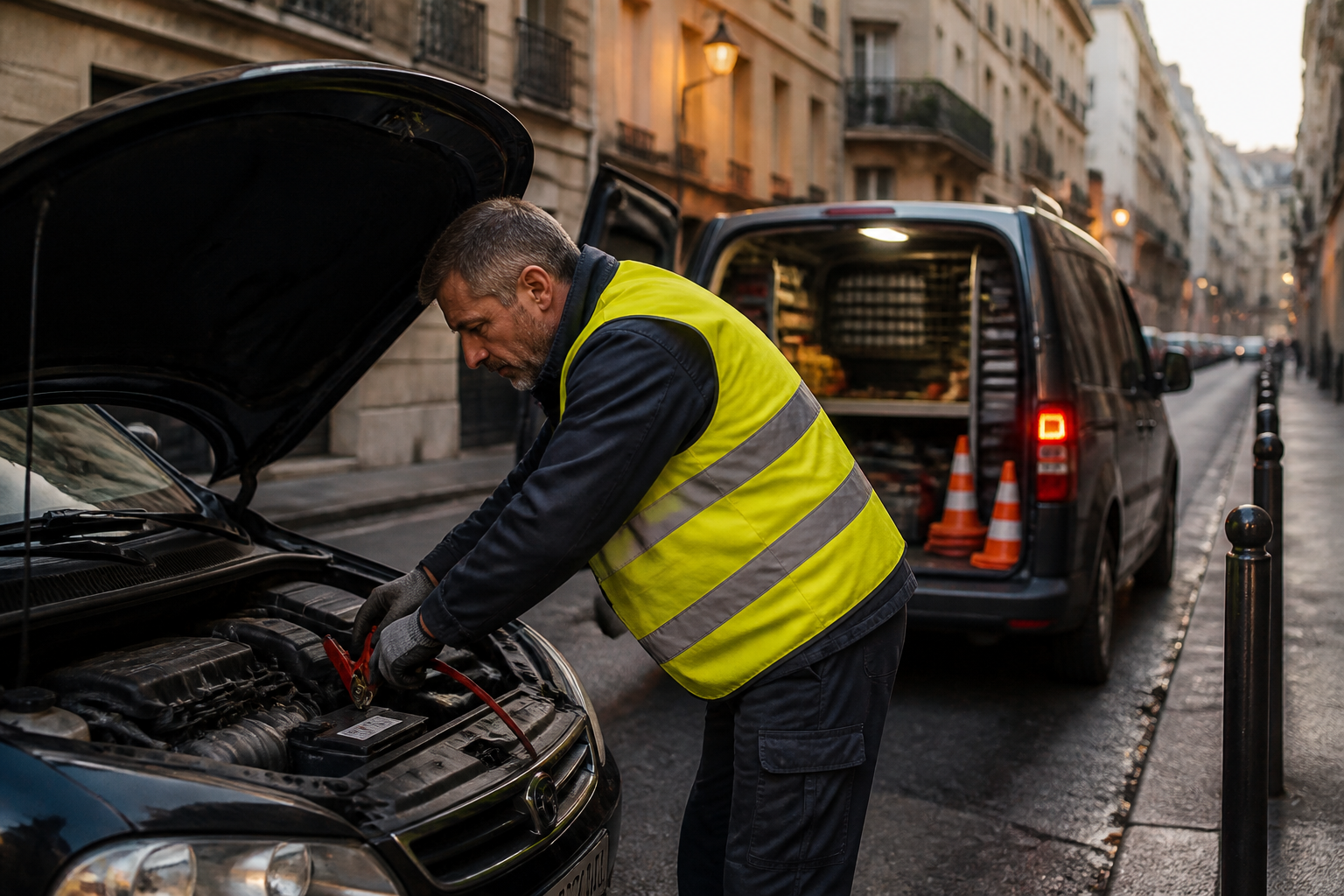 Dépanneur intervenant sur batterie voiture immobilisée dans rue parisienne étroite